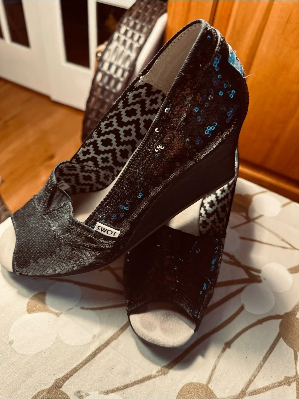 TOMS Black Sequin Wedge Peep-Toe Heels, Size 11 Wide, EUC, Wedge heel is 3.75”.